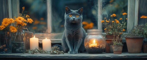 Wall Mural - witchs sleek black cat perched near a bubbling cauldron glowing with a mystical light surrounded by flickering candles and herbs creating an enchanting ambiance