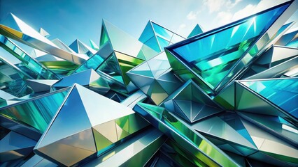 Fototapete - Abstract Geometric Composition of Metallic Triangles with Vibrant Blue and Green Hues