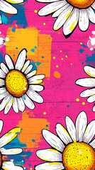 Poster - Pop-art style daisies with pattern fills, continuous design