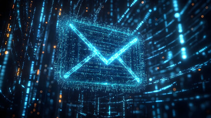 Sticker - A glowing blue mail icon surrounded by streams of digital data, symbolizing the fast flow of electronic communication in a virtual, futuristic digital world