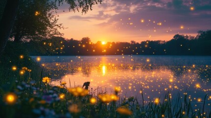 Sticker - Magical Sunset over Serene Lake with Fireflies