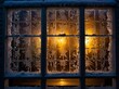 © Zohaib - A frosted windowpane with intricate ice patterns reflecting the glow of Christmas lights.