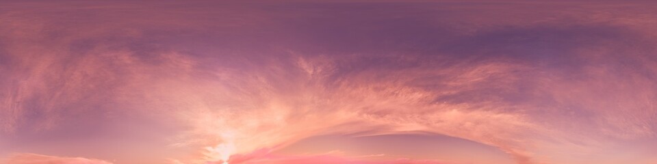 Wall Mural - 360 panorama of glowing sunset sky with bright pink Cumulus clouds. HDR 360 seamless spherical panorama. Full zenith or sky dome sky replacement for aerial drone panoramas. Climate and weather change.