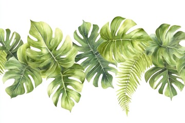 Wall Mural - Watercolor painting of vibrant tropical leaves on a white background, ideal for travel or nature-themed designs