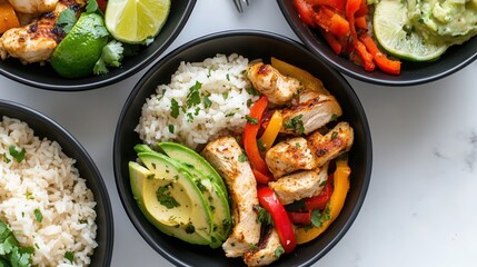 Wall Mural - Colorful chicken fajita bowls with rice, avocado, and chili sauce served with lime slices