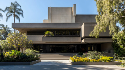 Sticker - Modernist architecture building with landscaped gardens.