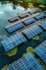 Wall Mural - Photography of a group of solar panels situated on the surface of a body of water, suitable for use in environmental or technological contexts