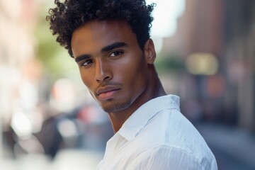 Wall Mural - Close-up portrait of a person in a white shirt, focusing on their face and clothing