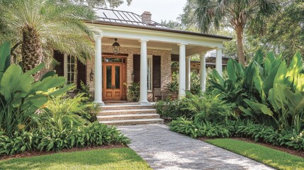 A Georgian-style home with a wooden front door, gabled porch, and landing, framed by classic white columns and brick walls. Lush greenery adds charm.