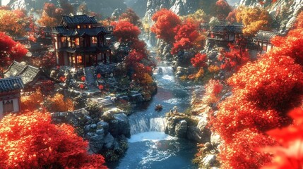 Wall Mural - A serene landscape featuring traditional architecture surrounded by vibrant autumn foliage and a river.