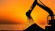 © milenialdesastudio - Excavator silhouette at sunset, dumping gravel near ocean.