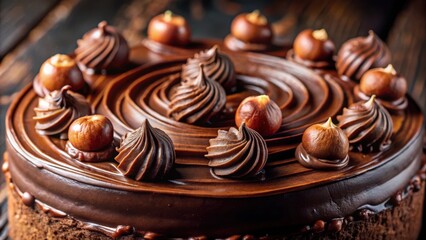 Poster - A Close-Up View of a Rich Chocolate Cake Decorated with Swirls of Chocolate Frosting and Toasted Hazelnuts