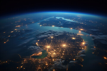 Wall Mural - Futuristic city aerial view at night. Structure of sci-fi metropolis with neon lights from the bird view