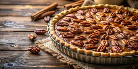 Wall Mural - A freshly baked pecan pie with a golden crust and a generous sprinkle of pecans sits on a rustic wooden table, ready to be enjoyed.