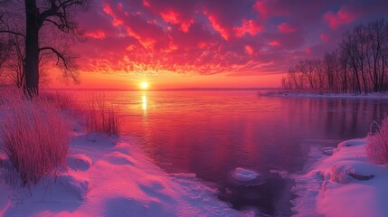 Wall Mural - A vibrant sunset over a snowy landscape, reflecting colors on a serene water surface.