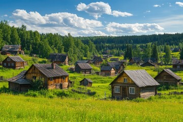 Poster - A small village surrounded by a lush green field, perfect for rural landscapes and scenic views