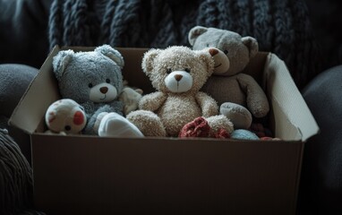 Wall Mural - A cardboard box filled with teddy bears and children's toys in a home setting with dark gray tones. 