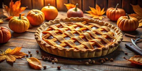 Canvas Print - A golden brown pumpkin pie sits amongst a scattering of fall leaves and pumpkins on a rustic wooden table.