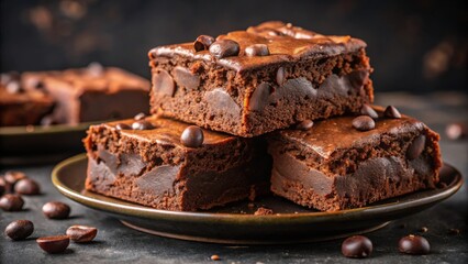 Poster - Close-up of a Stack of Rich Chocolate Brownies with Chocolate Chips on a Dark Brown Plate