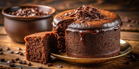 Poster - Decadent Chocolate Cake with Drizzled Glaze and Scattered Chocolate Chips on a Rustic Wooden Surface