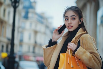 Poster - A woman holds a shopping bag and talks on her cell phone