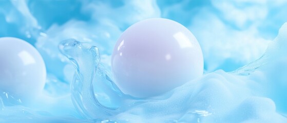 Two white spheres floating in a pool of blue water. the spheres are in the center of the image, with one sphere on the left and one on the right.