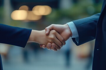 Canvas Print - A close-up shot of two individuals shaking hands in a professional or formal setting