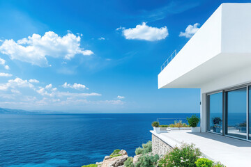 Wall Mural - Modern villa overlooking a serene blue ocean under a bright sky.