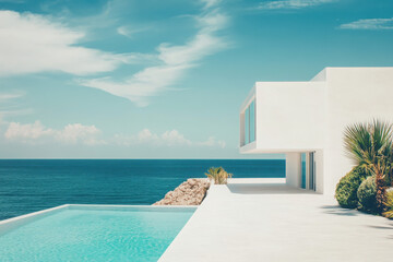 Poster - Modern white villa beside a tranquil pool overlooking the ocean under a clear blue sky.