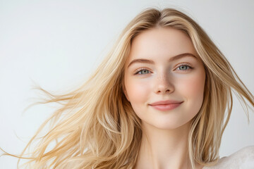 Wall Mural - A young woman with flowing hair smiles softly at the camera against a light background.