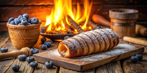 Canvas Print - A Freshly Baked, Sugar-Dusted Pastry with Blueberries and a Warm, Cozy Fireplace in the Background