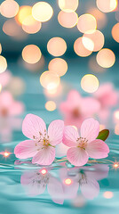 Poster - Delicate pink flowers rest on a tranquil surface, illuminated by a warm glow reflecting the calm of an evening atmosphere