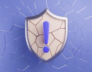 Wall Mural - 3D cracked shield with an exclamation point highlights a security breach