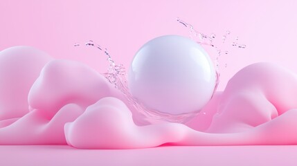 3d rendering of a white sphere in the center of a pink background. the sphere is spherical and appears to be floating in the air, with a splash of water coming out of it.