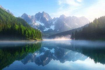 Wall Mural - Serene mountain landscape with a calm lake reflecting the peaks and lush greenery.