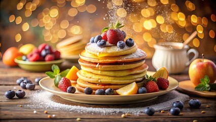 Wall Mural - A stack of golden brown pancakes, topped with fresh blueberries, strawberries, and a sprinkle of powdered sugar, sits on a plate with slices of fruit and mint leaves on a rustic wooden table.