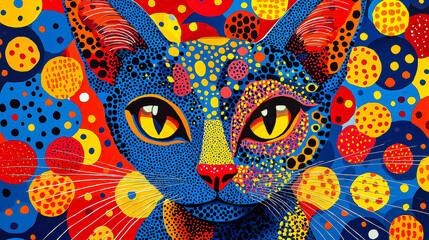 Fototapete - An artistic representation of a cat adorned with bright colors and playful patterns, embodying creativity and unique design in modern art