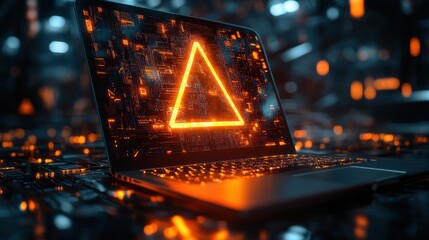 user or developer working on laptop computer with triangle caution warning sign for notification error and maintenance concept computer virus detected personal data protection network securit