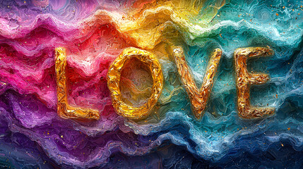 Poster - A vibrant abstract composition showcases the word love crafted with golden textures against a swirling rainbow background