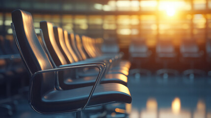 Canvas Print - A row of sleek, modern chairs in an airport terminal illuminated by sunset.