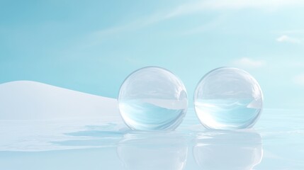 Two transparent spheres floating on a body of water. the spheres are spherical in shape and appear to be made of a transparent material.