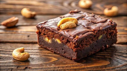 Poster - A single piece of chocolate brownie sits on a rustic wooden surface, topped with a couple of cashews, creating a delectable treat.