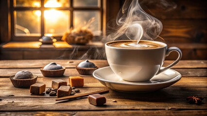 Poster - A warm cup of coffee with steam rising from it on a rustic wooden table, surrounded by small treats and a window with natural light streaming in.