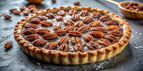 Canvas Print - A Pecan Pie with a Flaky Crust, Topped with Pecan Halves, and a Light Sprinkle of Powdered Sugar