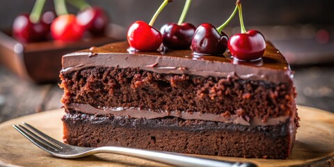 Poster - A single slice of decadent chocolate cake topped with fresh cherries and a layer of rich chocolate icing, ready to be enjoyed