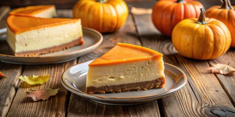 Canvas Print - A slice of pumpkin cheesecake on a plate with pumpkins and autumn leaves on a wooden table