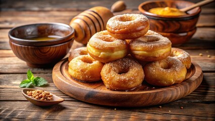 Wall Mural - A delectable tower of freshly baked donuts with powdered sugar, arranged on a rustic wooden platter, adorned with a sprig of fresh mint, and a bowl of honey in the background.