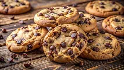 Wall Mural - A close-up shot of chocolate chip cookies scattered on a wooden table, showcasing their soft texture and rich flavor.