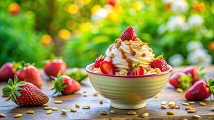 Poster - A Bowl of Whipped Cream with Strawberries and Toasted Pecans on a Wooden Table with a Blurred Background of Green Plants and Sunlight