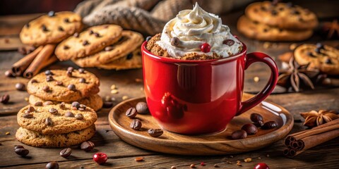 Wall Mural - A Red Mug of Whipped Coffee, Chocolate Chip Cookies, Cinnamon Sticks, and Coffee Beans on a Wooden Surface